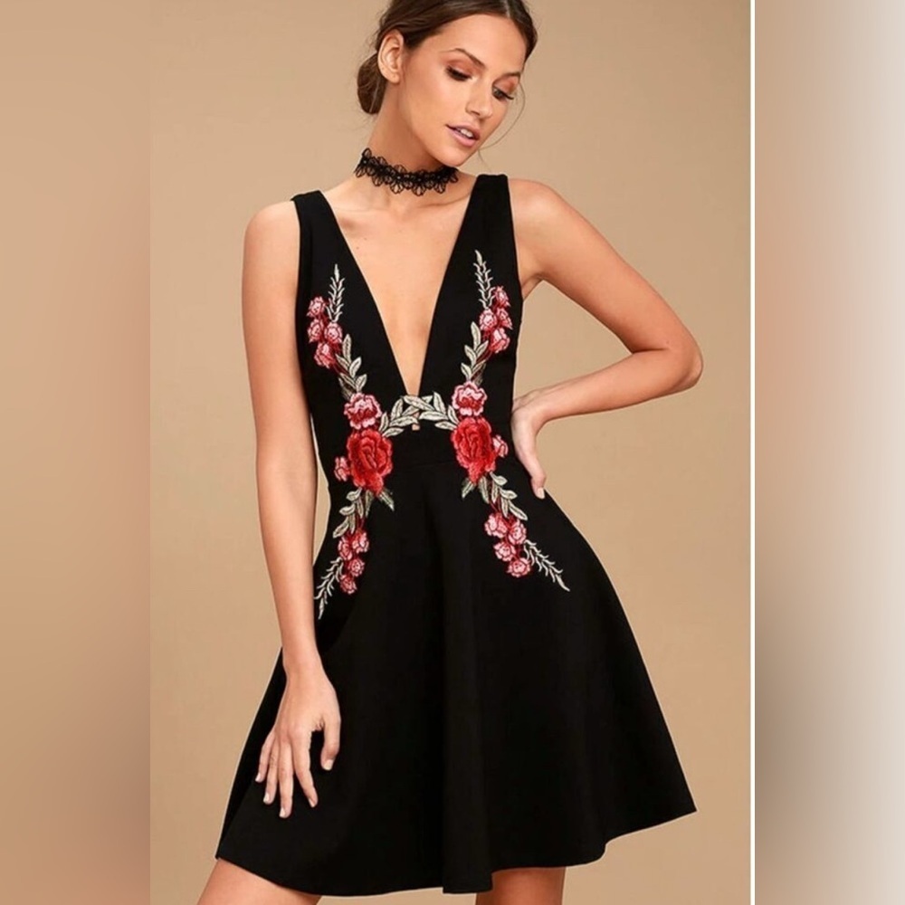 Lulu's Black Red and Pink Floral Embroidery Super Cute Valentines Dress